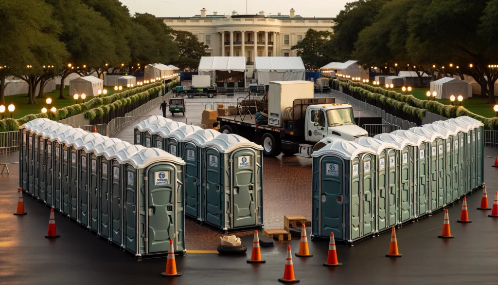 Festival porta potty bank with barricades in Orangeburg, South Carolina